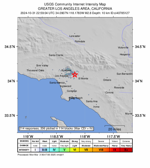 USGS DYFI community-reported intensity map for the M2.8 earthquake near 4 km SSE of Highland Park, CA