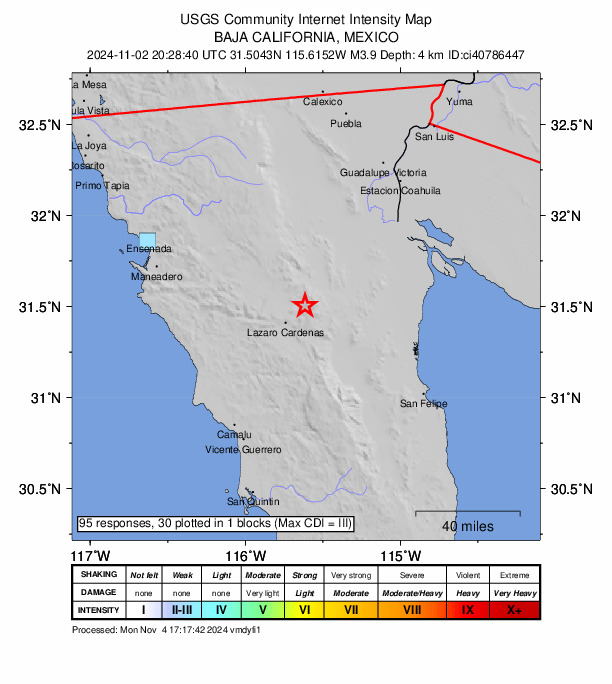 USGS DYFI community-reported intensity map for the M3.9 earthquake near 60 km ENE of San Vicente, Mexico