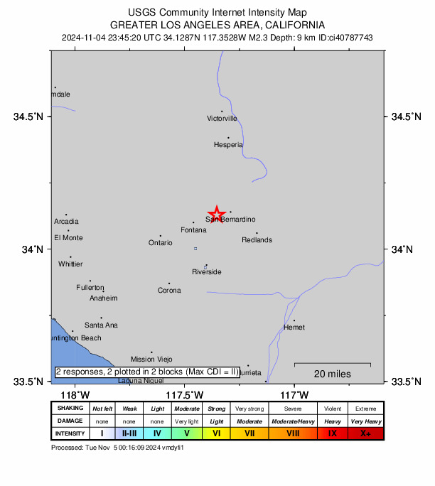 USGS DYFI community-reported intensity map for the M2.3 earthquake near 3 km SSW of Muscoy, CA