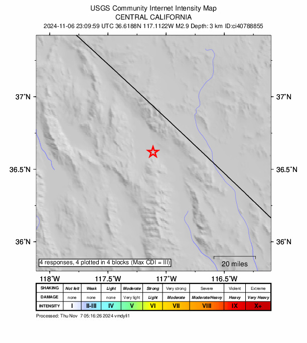 USGS DYFI community-reported intensity map for the M2.9 earthquake near 4 km ENE of Stovepipe Wells, CA