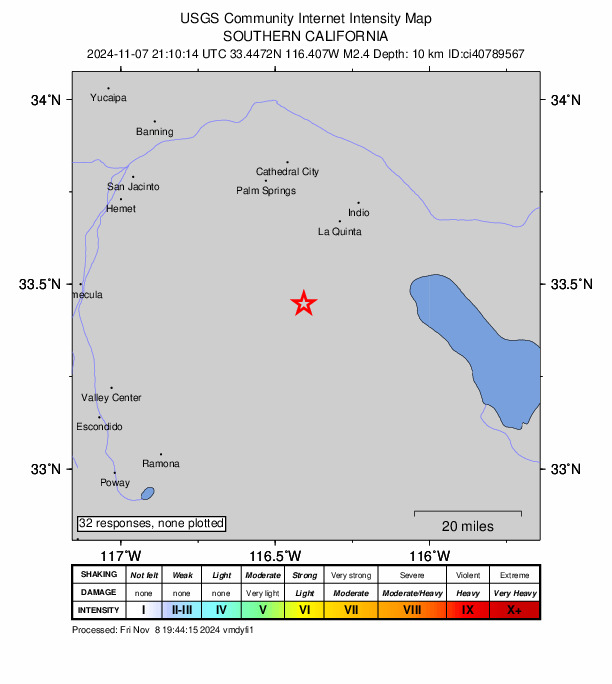 USGS DYFI community-reported intensity map for the M2.4 earthquake near 22 km N of Borrego Springs, CA