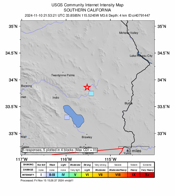 USGS DYFI community-reported intensity map for the M3.6 earthquake near 20 km NW of Desert Center, CA