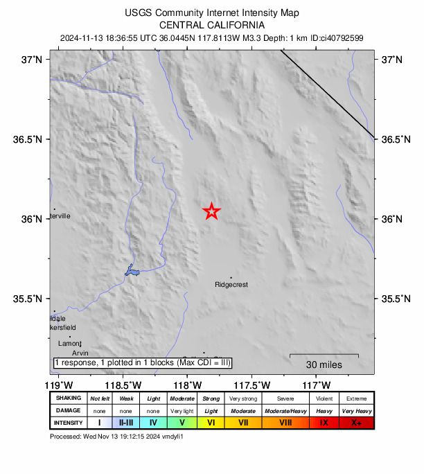 USGS DYFI community-reported intensity map for the M3.3 earthquake near 12 km E of Coso Junction, CA