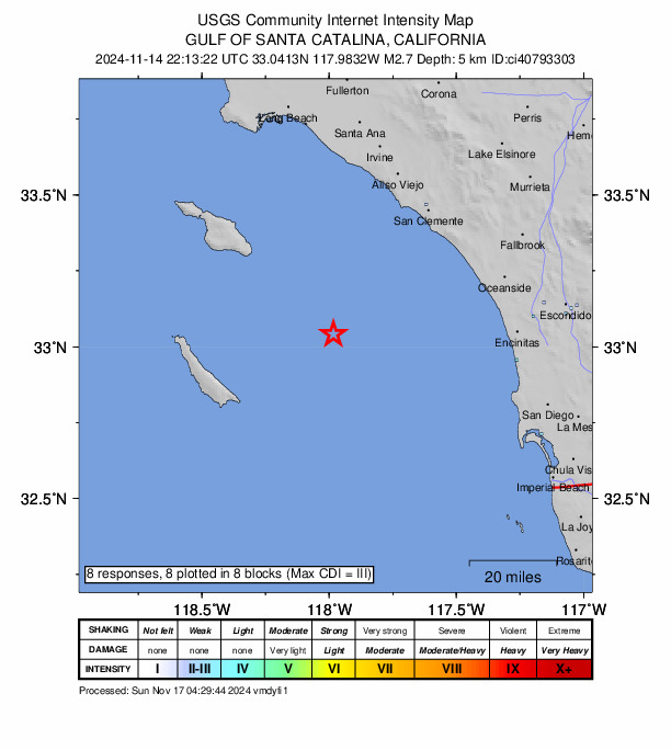 USGS DYFI community-reported intensity map for the M2.7 earthquake near 42 km NE of San Clemente Is. (SE tip), CA