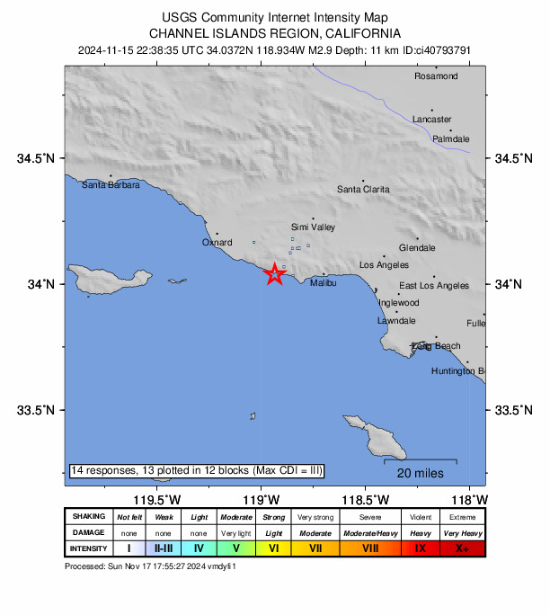 USGS DYFI community-reported intensity map for the M2.9 earthquake near 12 km WNW of Malibu, CA