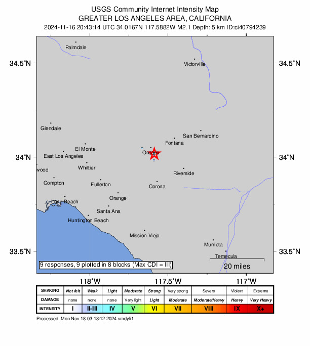 USGS DYFI community-reported intensity map for the M2.1 earthquake near 5 km SE of Ontario, CA