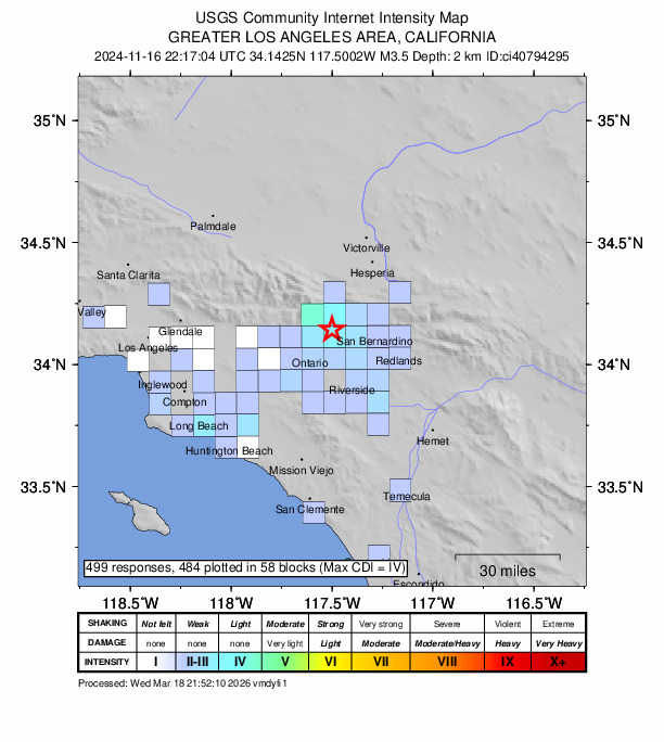 USGS DYFI community-reported intensity map for the M3.5 earthquake near 6 km NW of Fontana, CA
