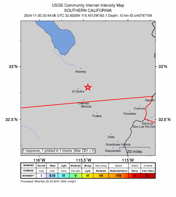 USGS DYFI community-reported intensity map for the M2.1 earthquake near 7 km W of Holtville, CA