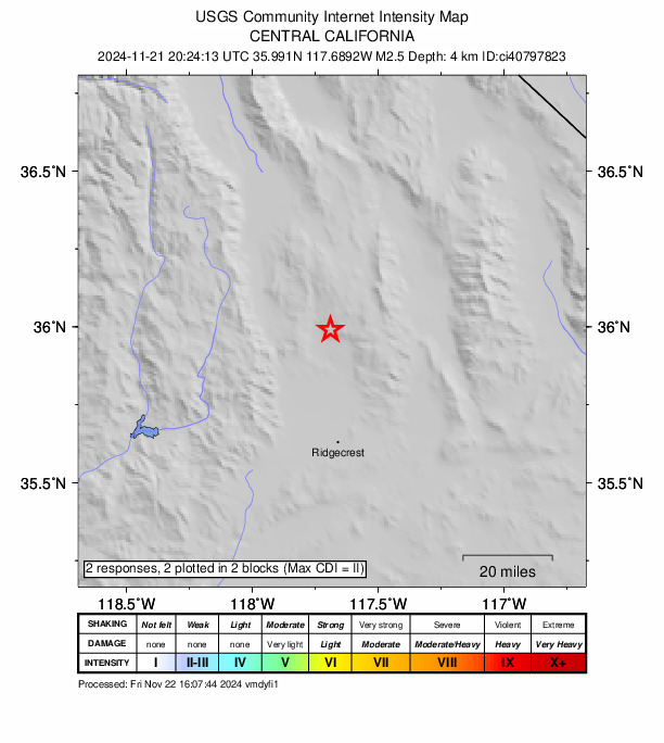 USGS DYFI community-reported intensity map for the M2.5 earthquake near 20 km ENE of Little Lake, CA