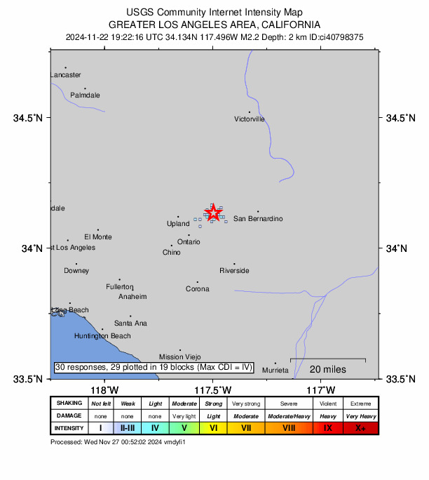 USGS DYFI community-reported intensity map for the M2.2 earthquake near 5 km NW of Fontana, CA