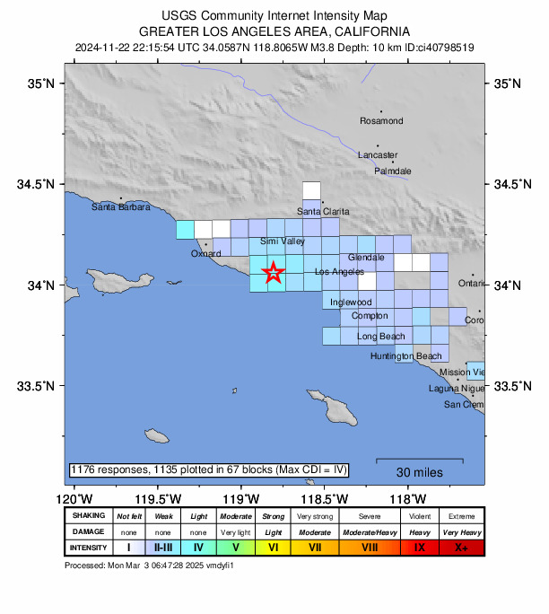 USGS DYFI community-reported intensity map for the M3.8 earthquake near 6 km N of Malibu, CA
