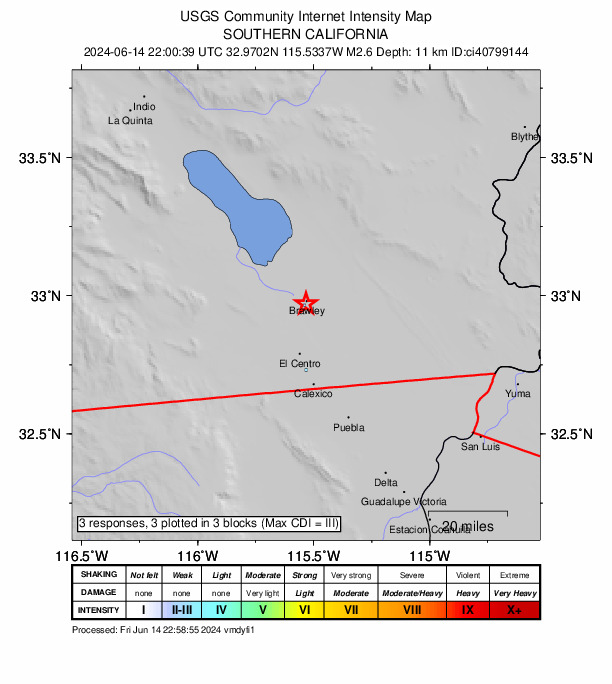 USGS DYFI community-reported intensity map for the M2.6 earthquake near 1 km SSW of Brawley, CA