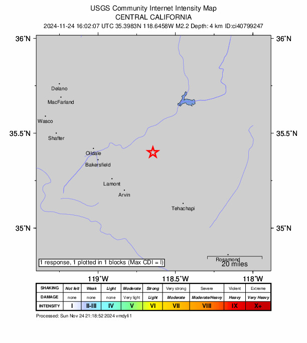 USGS DYFI community-reported intensity map for the M2.2 earthquake near 25 km SSW of Bodfish, CA