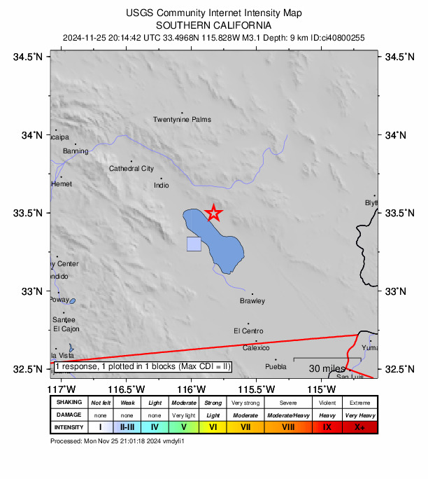 USGS DYFI community-reported intensity map for the M3.1 earthquake near 11 km ESE of North Shore, CA