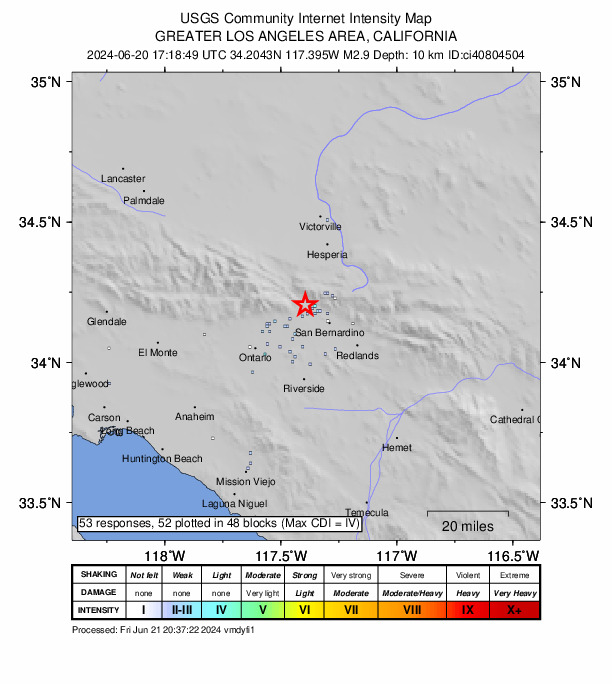 USGS DYFI community-reported intensity map for the M2.9 earthquake near 2 km SSE of Devore, CA