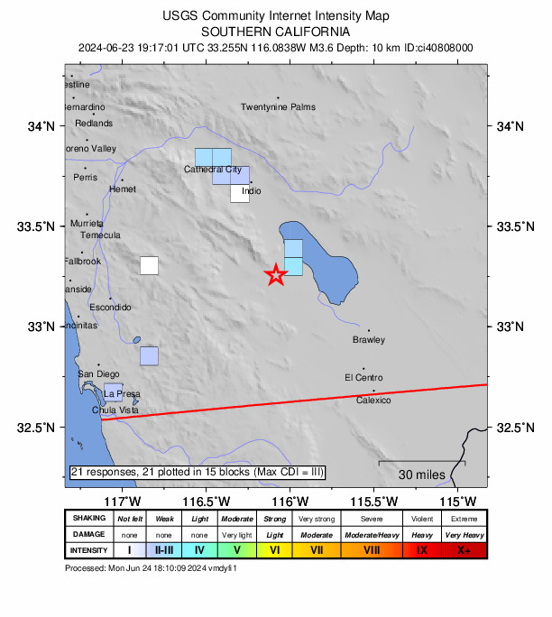 USGS DYFI community-reported intensity map for the M3.6 earthquake near 13 km WSW of Salton City, CA