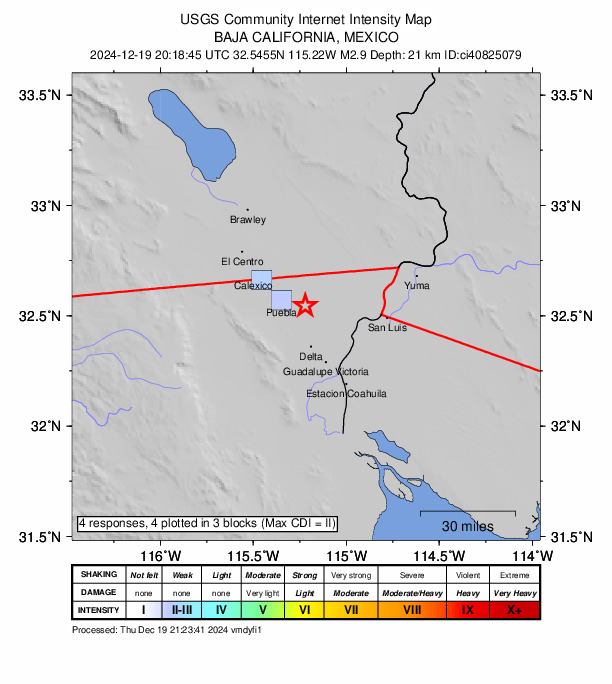 USGS DYFI community-reported intensity map for the M2.9 earthquake near 13 km E of Puebla, B.C., MX