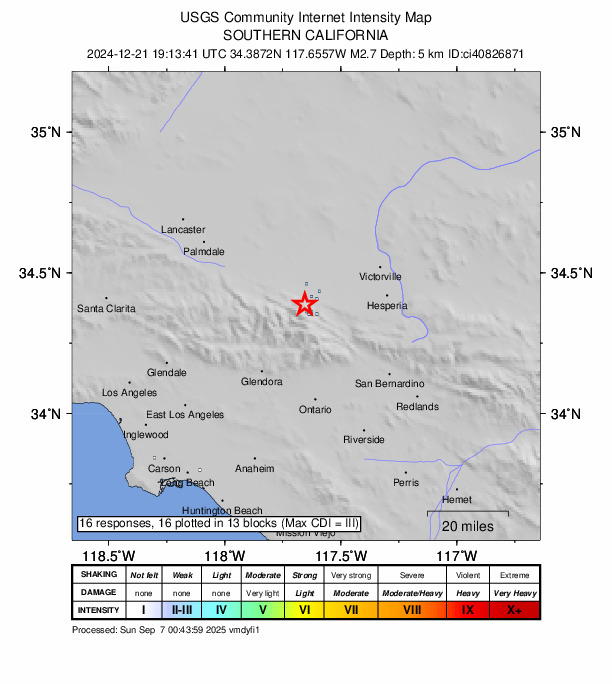 USGS DYFI community-reported intensity map for the M2.7 earthquake near 4 km NW of Wrightwood, CA