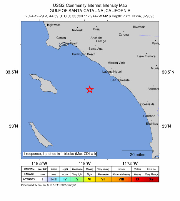 USGS DYFI community-reported intensity map for the M2.6 earthquake near 27 km WSW of Dana Point, CA
