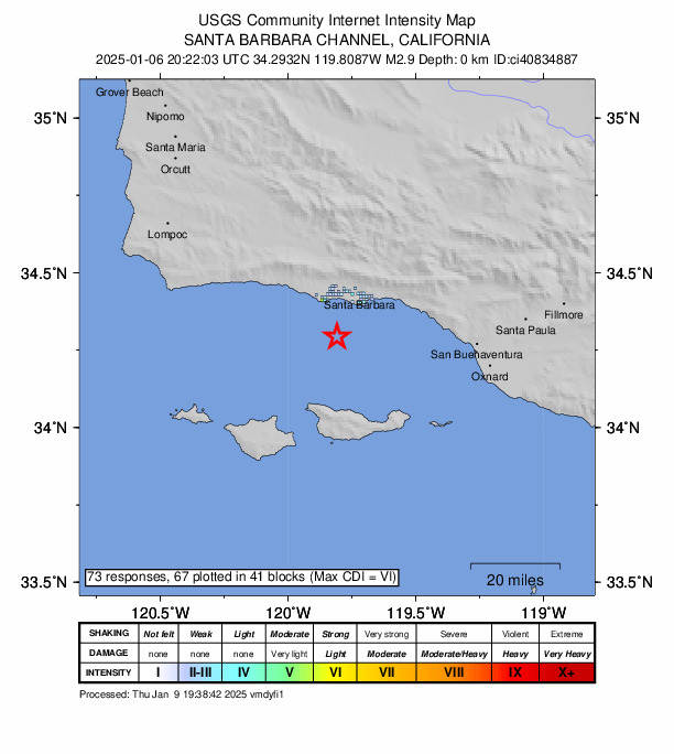 USGS DYFI community-reported intensity map for the M2.9 earthquake near 14 km SSE of Isla Vista, CA