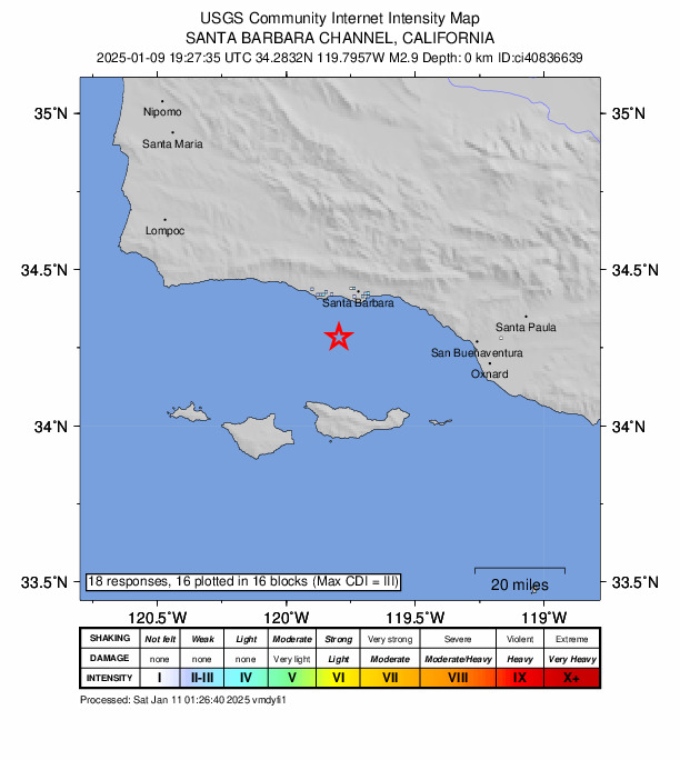 USGS DYFI community-reported intensity map for the M2.9 earthquake near 16 km SSE of Isla Vista, CA