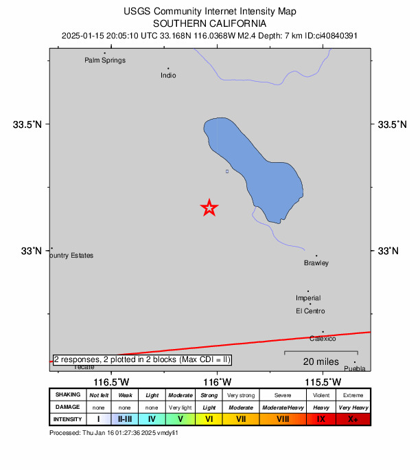 USGS DYFI community-reported intensity map for the M2.4 earthquake near 9 km ENE of Ocotillo Wells, CA