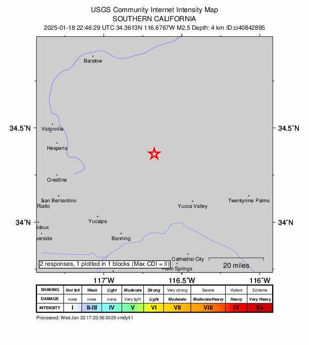 USGS DYFI community-reported intensity map for the M2.5 earthquake near 19 km NE of Big Bear City, CA