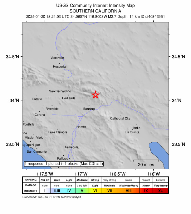 USGS DYFI community-reported intensity map for the M2.7 earthquake near 16 km N of Cabazon, CA