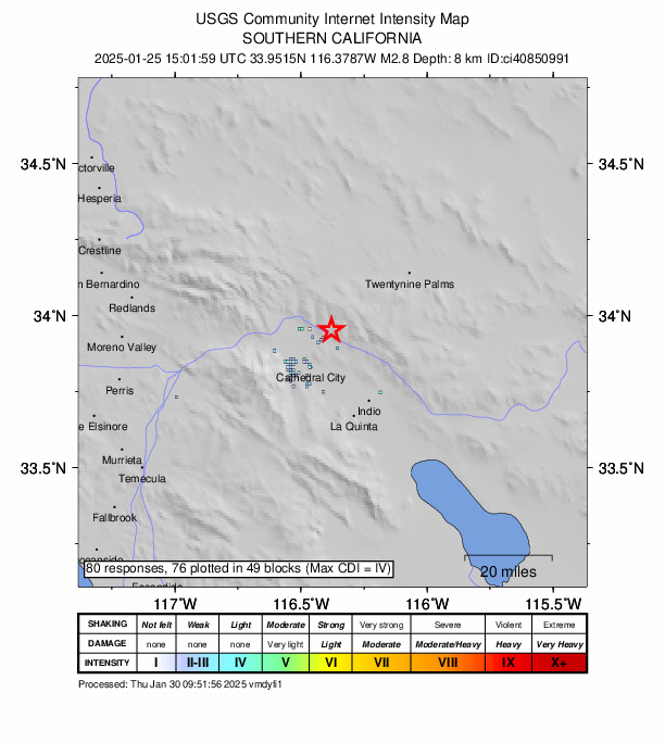 USGS DYFI community-reported intensity map for the M2.8 earthquake near 11 km E of Desert Hot Springs, CA