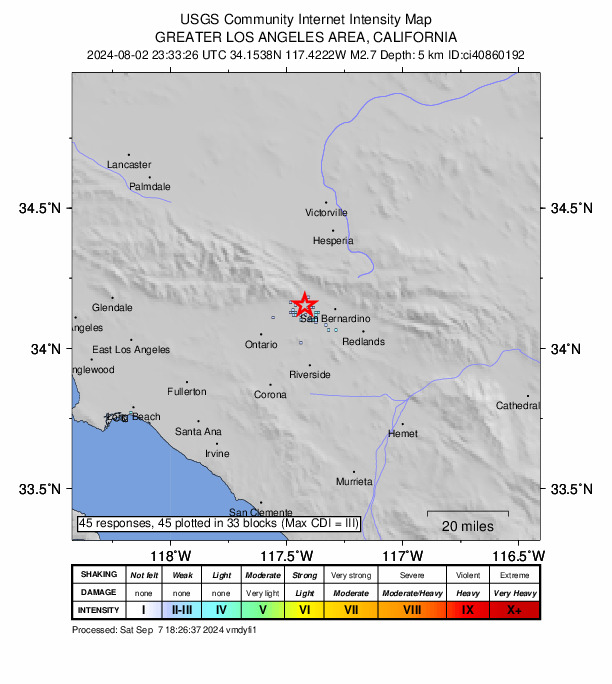 USGS DYFI community-reported intensity map for the M2.7 earthquake near 7 km NNE of Fontana, CA