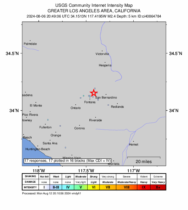USGS DYFI community-reported intensity map for the M2.4 earthquake near 7 km NNE of Fontana, CA