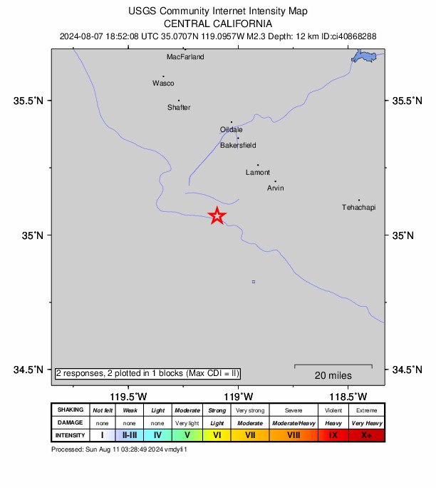 USGS DYFI community-reported intensity map for the M2.4 earthquake near 20 km NW of Grapevine, CA