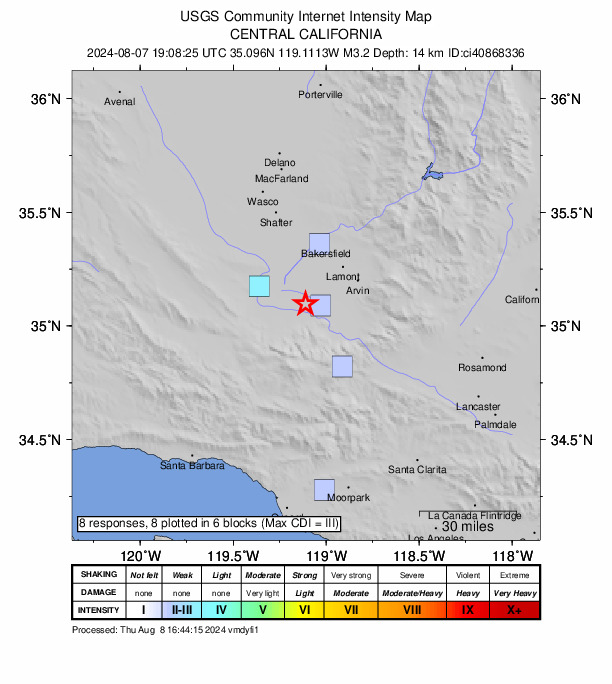 USGS DYFI community-reported intensity map for the M3.2 earthquake near 24 km NW of Grapevine, CA