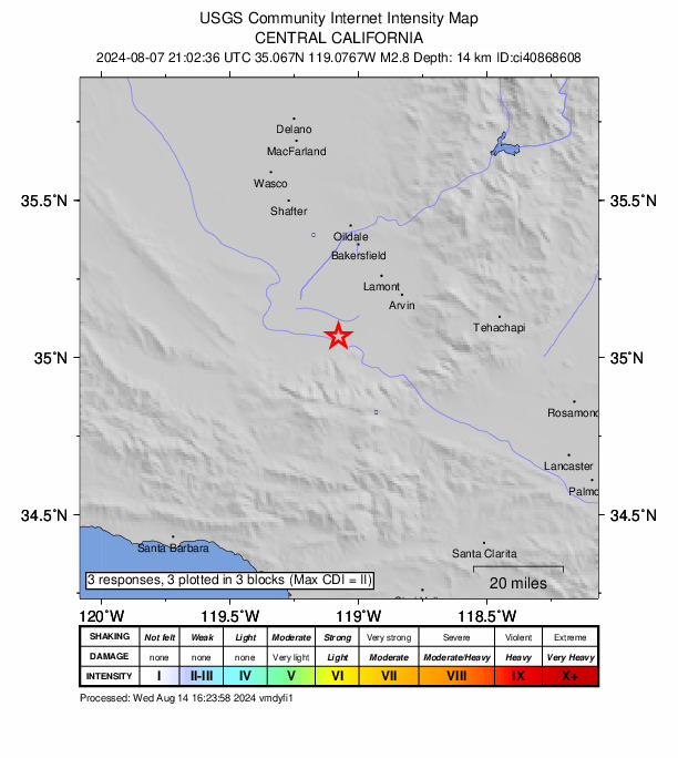 USGS DYFI community-reported intensity map for the M2.8 earthquake near 19 km NW of Grapevine, CA