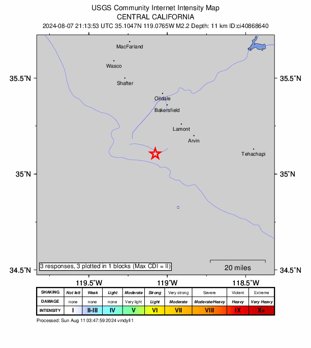 USGS DYFI community-reported intensity map for the M2.2 earthquake near 23 km SW of Lamont, CA