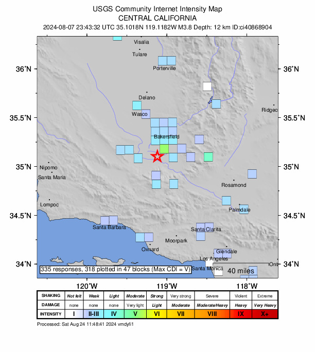 USGS DYFI community-reported intensity map for the M3.8 earthquake near 25 km NW of Grapevine, CA