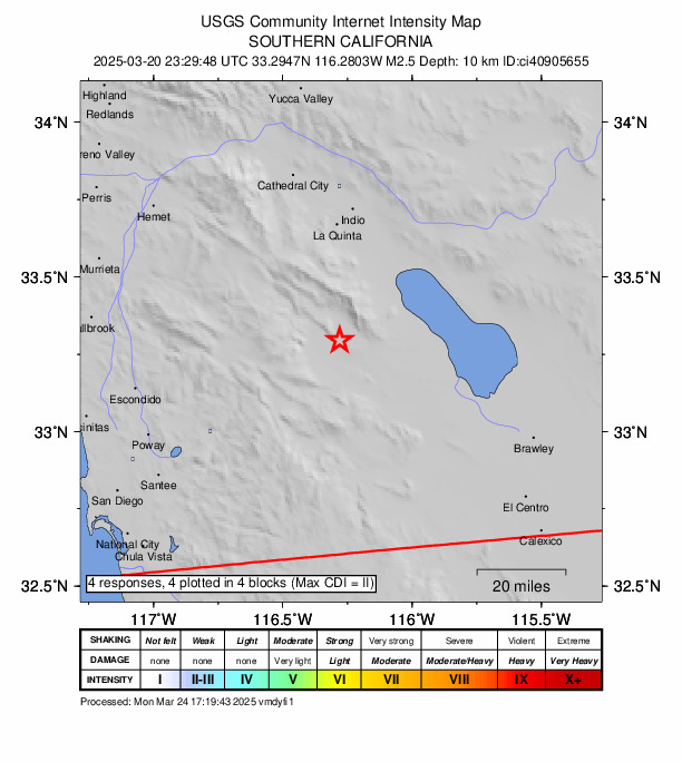 USGS DYFI community-reported intensity map for the M2.5 earthquake near 10 km ENE of Borrego Springs, CA