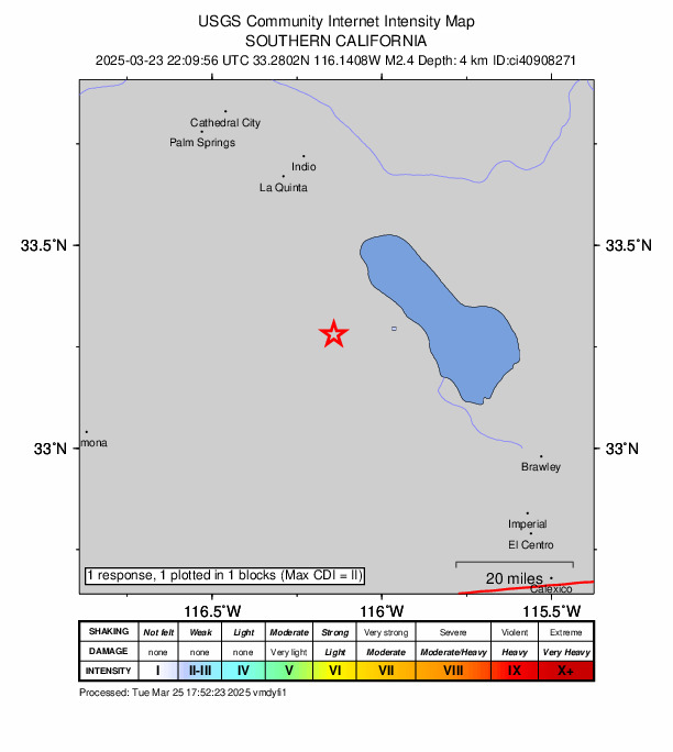 USGS DYFI community-reported intensity map for the M2.4 earthquake near 15 km N of Ocotillo Wells, CA