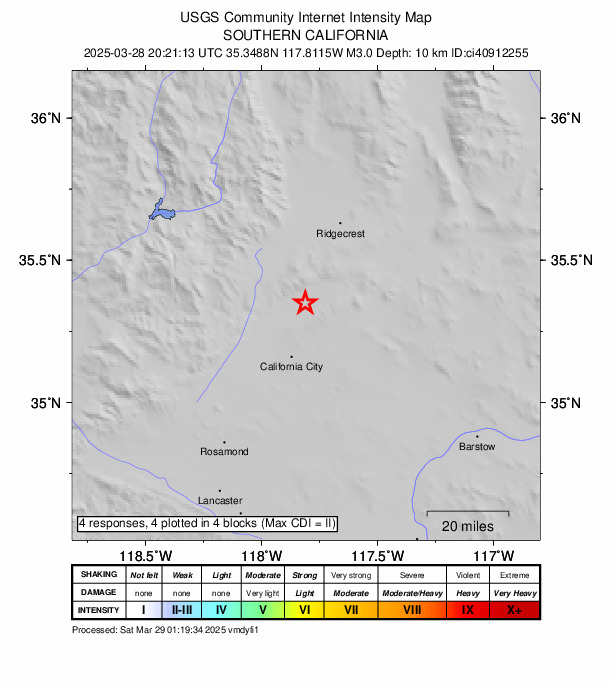 USGS DYFI community-reported intensity map for the M3.0 earthquake near 16 km W of Johannesburg, CA