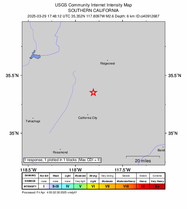 USGS DYFI community-reported intensity map for the M2.6 earthquake near 16 km W of Johannesburg, CA