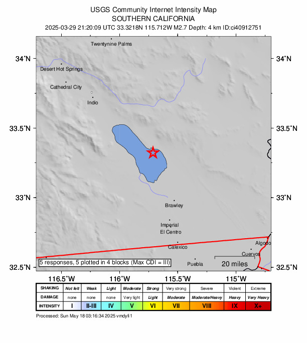 USGS DYFI community-reported intensity map for the M2.7 earthquake near 4 km SSE of Bombay Beach, CA