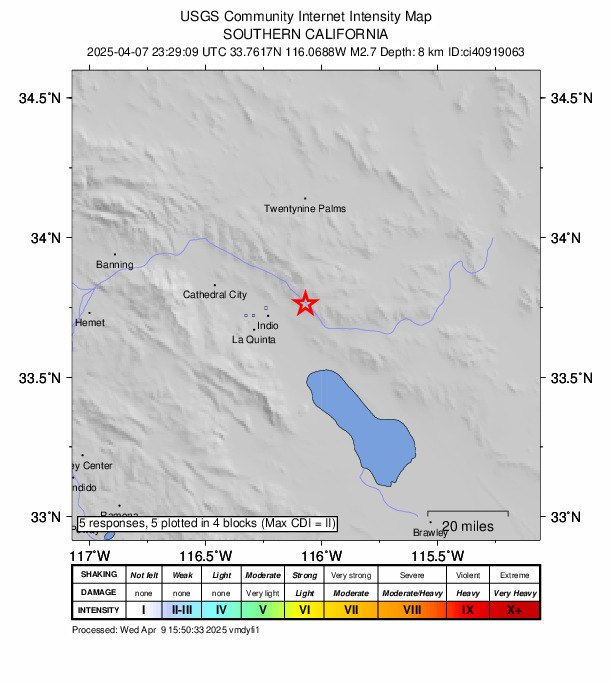 USGS DYFI community-reported intensity map for the M2.7 earthquake near 13 km NE of Coachella, CA