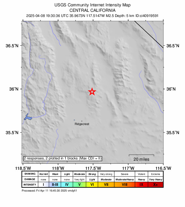 USGS DYFI community-reported intensity map for the M2.5 earthquake near 24 km NNW of Searles Valley, CA