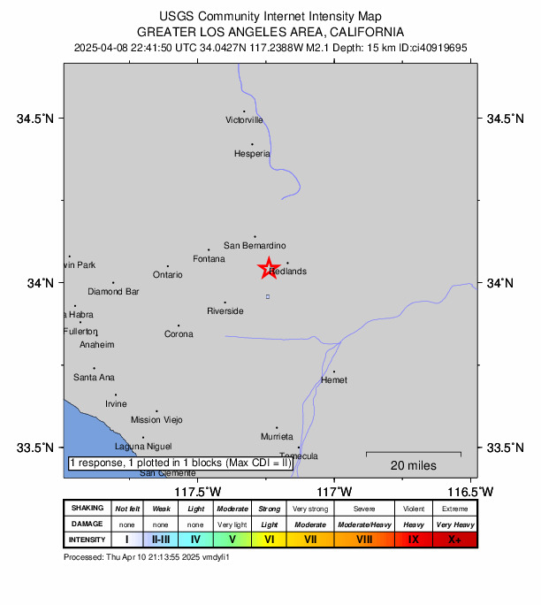 USGS DYFI community-reported intensity map for the M2.1 earthquake near 2 km ESE of Loma Linda, CA