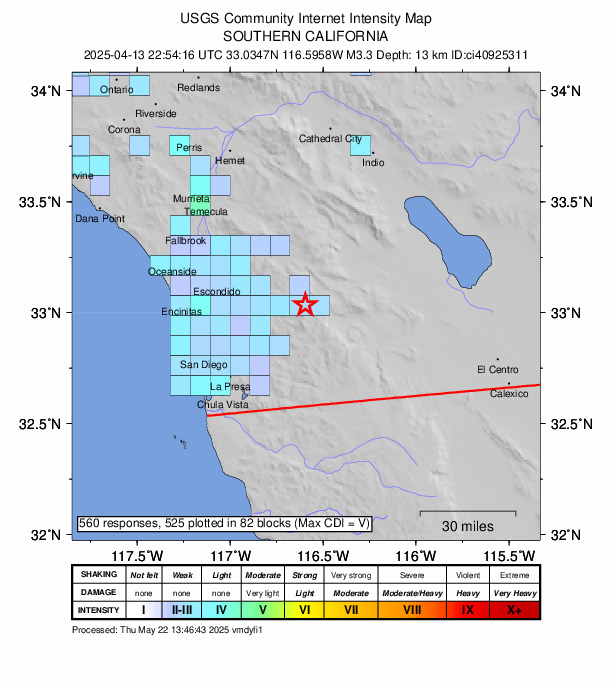 USGS DYFI community-reported intensity map for the M3.3 earthquake near 5 km S of Julian, CA