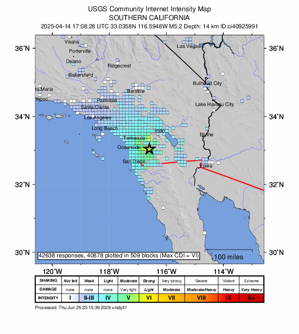 USGS DYFI community-reported intensity map for the M5.2 earthquake near 5 km S of Julian, CA