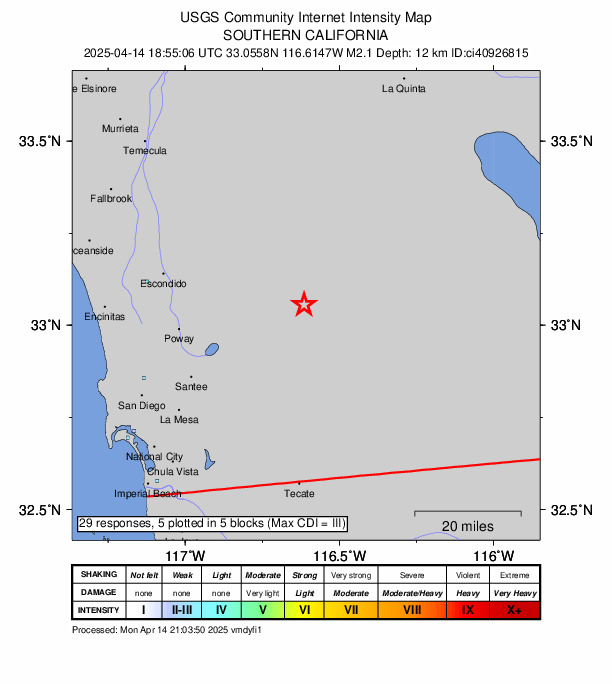 USGS DYFI community-reported intensity map for the M2.1 earthquake near 3 km SSW of Julian, CA