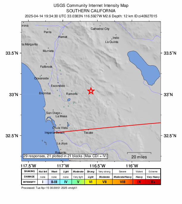 USGS DYFI community-reported intensity map for the M2.6 earthquake near 5 km S of Julian, CA