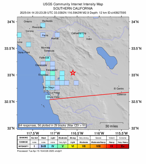 USGS DYFI community-reported intensity map for the M2.9 earthquake near 4 km S of Julian, CA