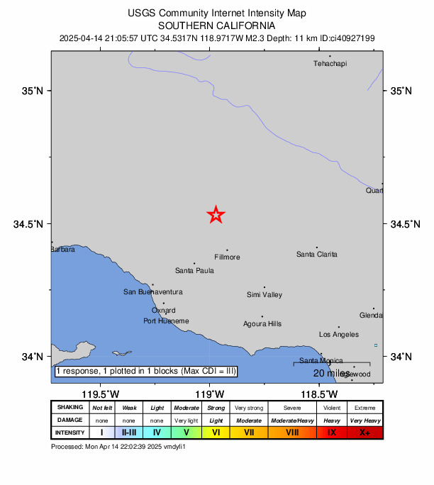USGS DYFI community-reported intensity map for the M2.3 earthquake near 16 km NNW of Fillmore, CA